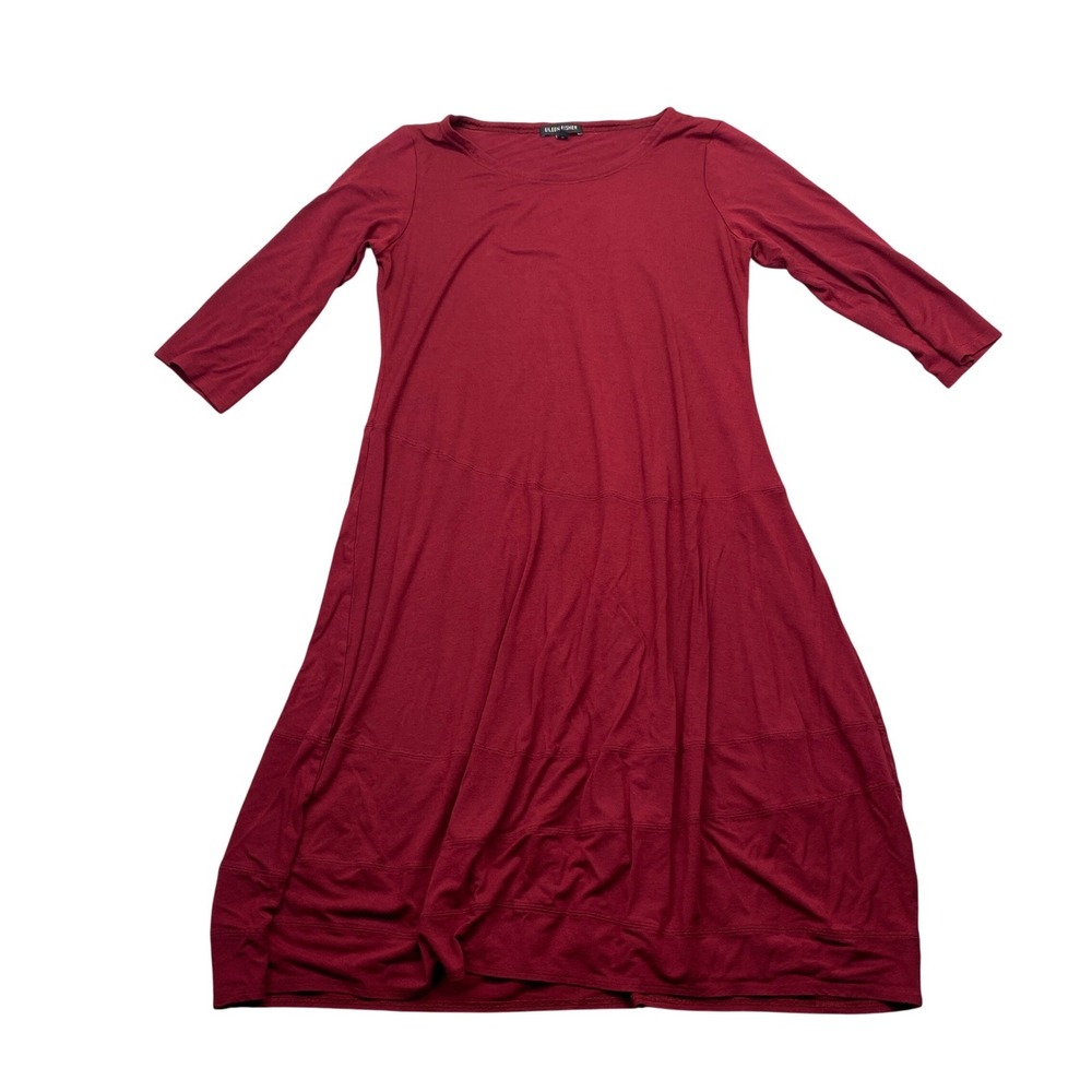 Eileen Fisher XS‎ Burgundy Red Rayon Lycra 3/4 Sleeve Tiered Seam Jersey Dress